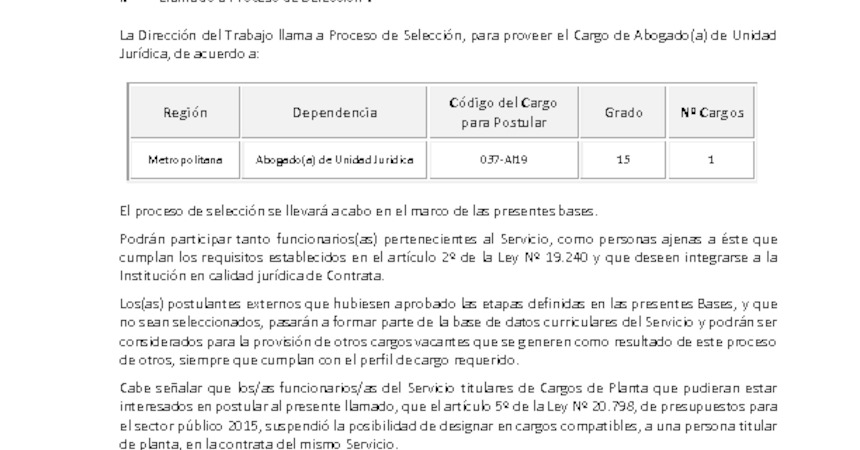 Bases de procesos de selección: Abogado(a) Unidad Jurídica