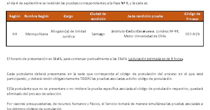Sede de rendición de pruebas Proceso de Selección Abogado(a) de Unidad Jurídica