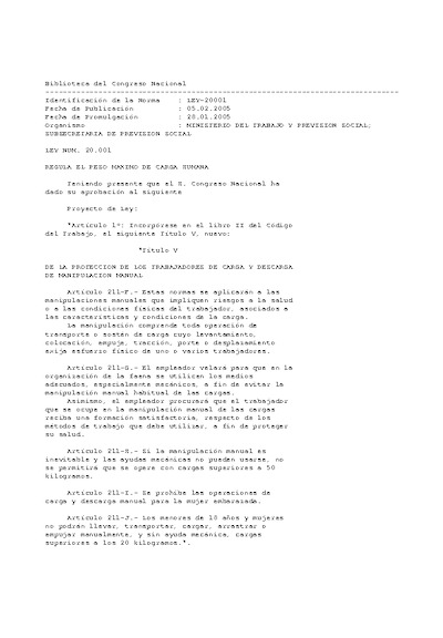 Ley Nº 20.001 que regula el peso máximo de carga humana