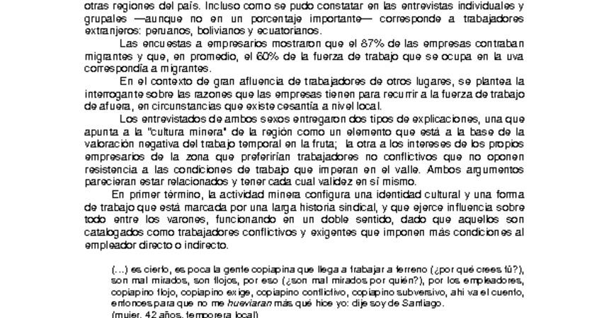 Empleo y condiciones de trabajo en la producción de uva de exportación en el valle de Copiapó.